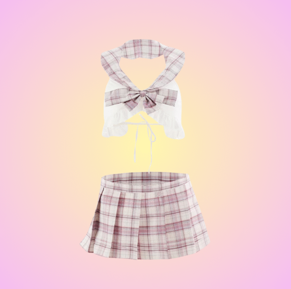 Sweet Pink Plaid Schoolgirl Cosplay Set – Crop Top & Mini Skirt with Bow
