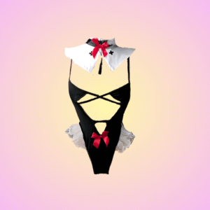 Sinful Nun Cosplay Bodysuit – Black Lace with Cross Collar & Satin Bows