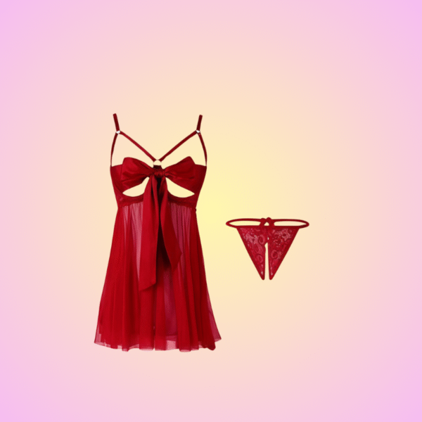 Unwrap Me Lingerie Set – Sheer Mesh Babydoll with Satin Bow & Thong