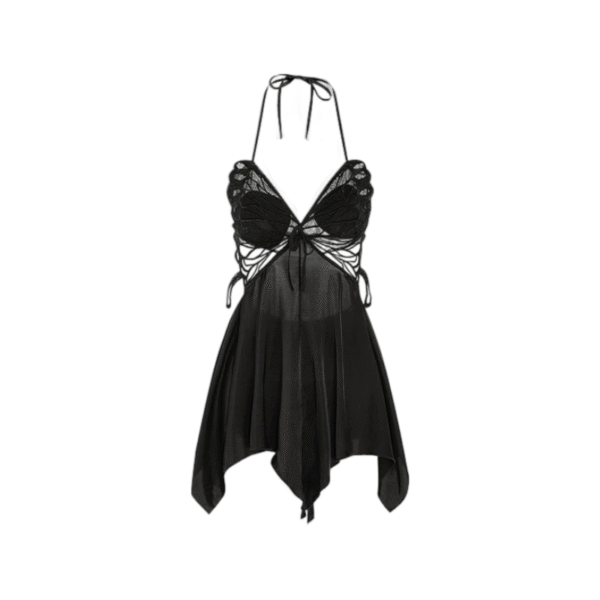 Butterfly Lace Halter Dress – Sheer Wings & Asymmetrical Hem
