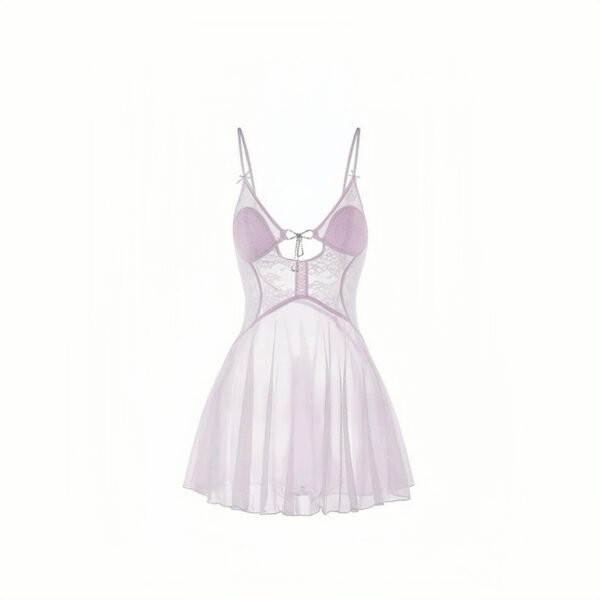 Corset Lace Sheer Sleep Dress Set – Lilac Mesh with Rhinestone Detail