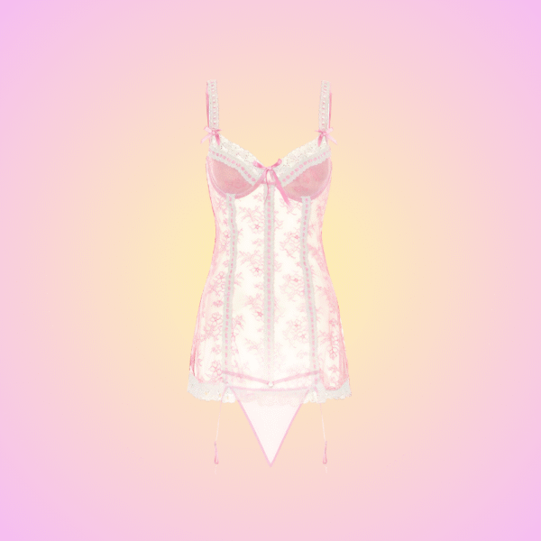 Pastel Sweetheart Lingerie Set – Pink Lace Bustier with Garter Straps, Thong & Stockings