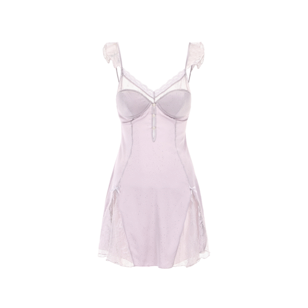 Sparkle Satin Lace Slip Dress – Lilac with Sheer Panels