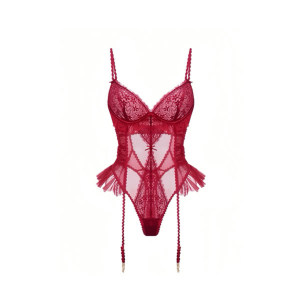 Rosé Ruffles Lace Bodysuit – Sheer Corset Teddy with Frill Details