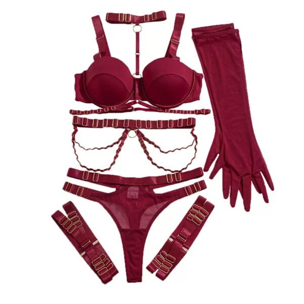 Velvet Chains Lingerie Set – Burgundy Bra & Harness with Gloves & Garters