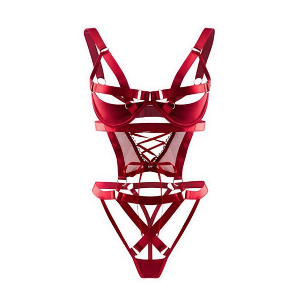 Crimson Harness Bodysuit – Strappy Open Bra & Satin Lace-Up Design