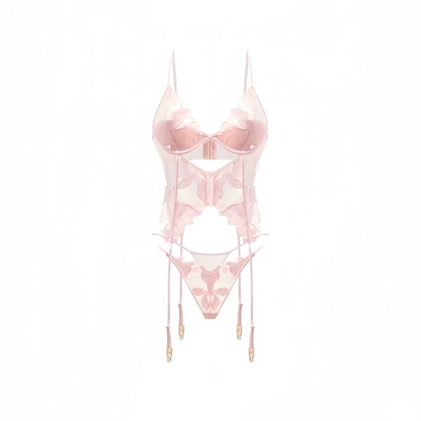 Blush Moth Lingerie Set – Sheer Embroidered Bodysuit with Garter Details