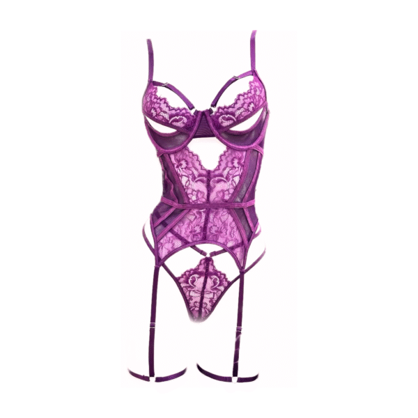 Violet Temptation Lace Bodysuit – Cutout Corset Teddy with Harness Straps