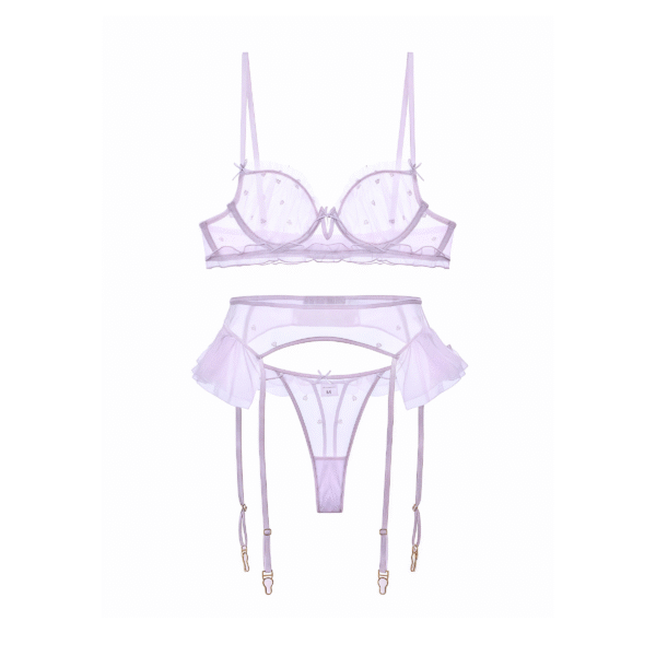 Amour Dots Lingerie Set – Sheer Lilac Hearts with Ruffled Garter Skirt